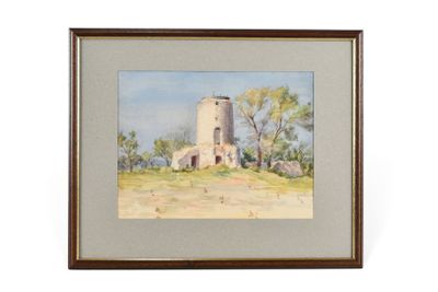un tableau représentant un vieux bâtiment situé sur une colline, avec des arbres en arrière-plan