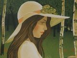 a painting of a woman in a white hat holding a cell phone