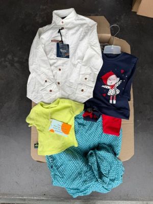 une boîte en carton posée par terre, sur laquelle sont posés des vêtements