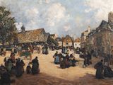 tableau représentant une scène de rue avec des personnes assises et d'autres qui se promènent