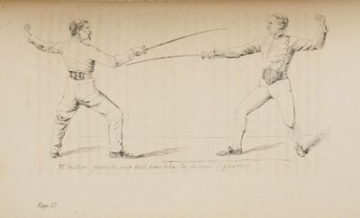 drawing of two men in fencing stance with sword in hand