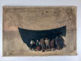 un tableau représentant un groupe de personnes debout devant un bateau