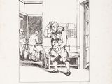 drawing of a man sitting in a chair talking on a cell phone