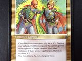 a close up of a card with a picture of two knights