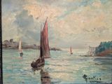 a painting of a sailboat on the water with other boats in the background