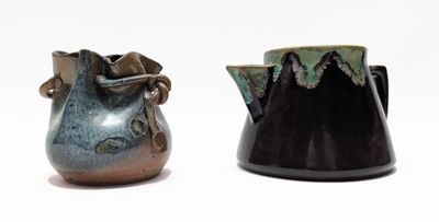 deux vases posés l'un à côté de l'autre sur une surface blanche