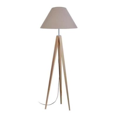 a wooden floor lamp with a white shade on top of it