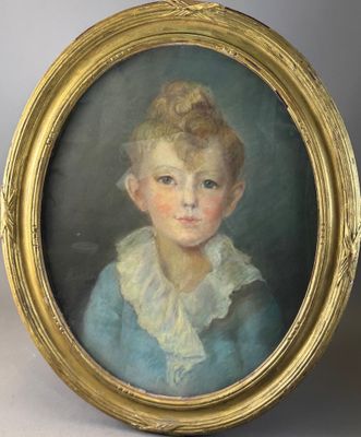 portrait of a young girl in a blue dress in a gold frame