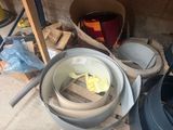 many buckets and pans that are sitting on a pallet