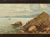 an oil painting of rocks in the water with a sailboat in the distance