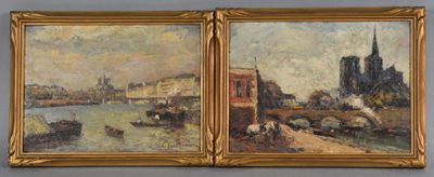 deux tableaux représentant des bateaux sur une rivière, avec des bâtiments en arrière-plan