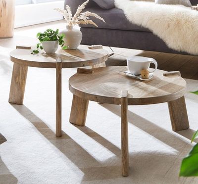 Lot de 2 tables basses rondes en bois de manguier massif, Di…