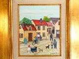 tableau représentant une famille promenant son chien dans une rue, devant une maison