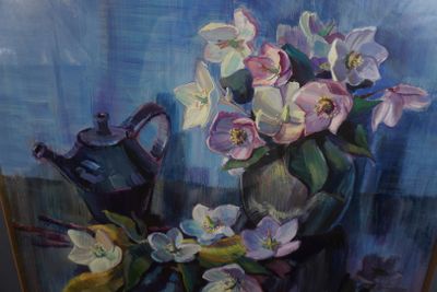 a painting of flowers in a vase on a table
