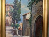 peinture à l'huile d'une scène de rue avec des bâtiments et des arbres