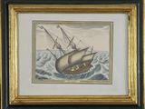 painting of a sailing ship in rough waves in a gold frame