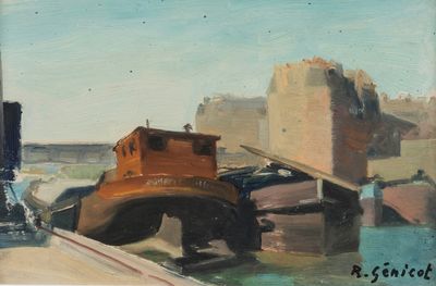 painting of a painting of a boat in a harbor with a castle in the background