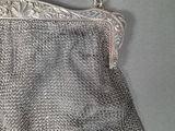 an old silver purse with a chain hanging from it ' s side