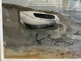 a painting of a boat on the shore of the water
