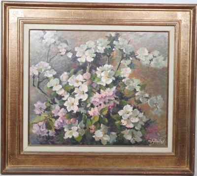 une peinture à l'huile représentant des fleurs blanches et roses, dans un cadre doré