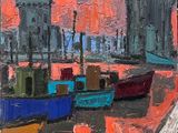 une peinture à l'huile représentant des bateaux dans un port au coucher du soleil, avec des bâtiments en arrière-plan