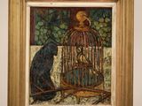 painting of a black cat sitting in front of a birdcage with a bird perched on it