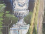 painting of a large white urn sitting next to a tree in a park