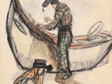 dessin représentant un homme et une femme dans une barque avec un filet de pêche