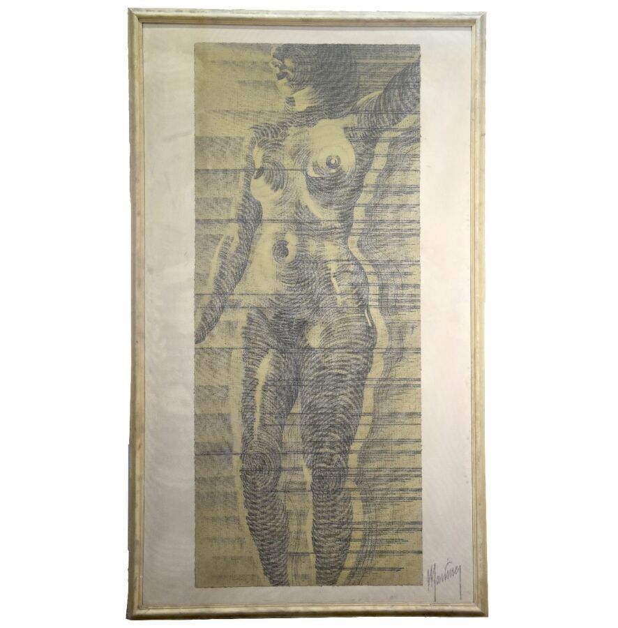 Ecole du XXe s. Nu féminin Fusain et sanguine sur textile, signée MARTINEZ en bas à gauche 186 x 209 cm