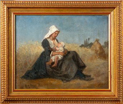 un tableau représentant une femme tenant un bébé dans un champ