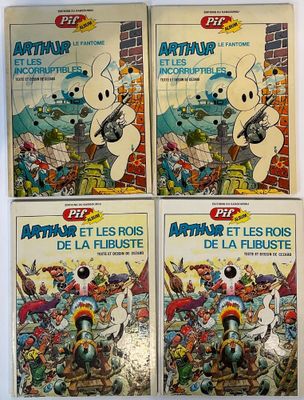 four books of comics are sitting on a white surface