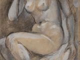 drawing of a nude woman sitting on a chair with her head in her hands