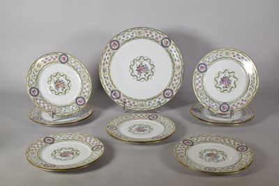 six pieces of porcelain dishes and plates with gold trim