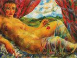 une peinture à l'huile représentant une femme nue allongée sur un lit