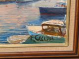 a painting of boats on the water with a boat in the background