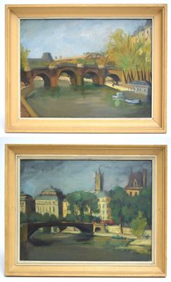 deux tableaux représentant un pont au-dessus d'une rivière, avec un bâtiment en arrière-plan