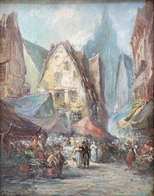 painting of a street scene with people and buildings in the background