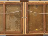 an old wooden box with two glass doors on top of it