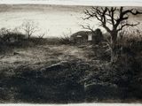a black and white drawing of a tree in a field
