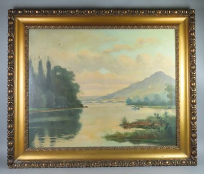 an image of a painting of a lake with a boat in the water