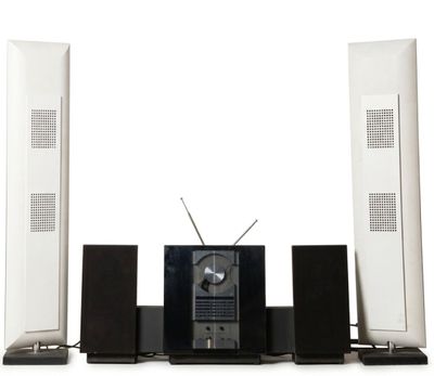 an image of a stereo system with two speakers and a radio