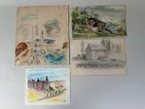 three drawings of a house, a boat, a house, and a boat