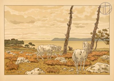 a picture of a painting of a herd of cattle in a field