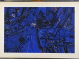 painting of a blue and black abstract painting in a wooden frame