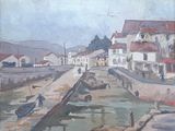 une peinture représentant une scène portuaire avec des bateaux dans l'eau