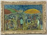 une peinture représentant un groupe de personnes sur la plage