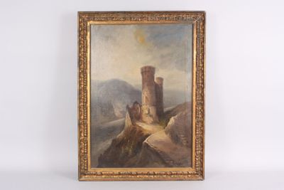 an old painting of a castle on a mountain with a man sitting on a rock