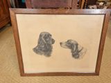 une vieille photo de deux chiens, encadrée, posée par terre