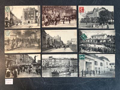several old black and white photos of people and horses in a town