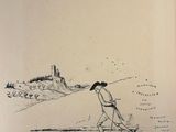 drawing of a man walking across a beach with a kite